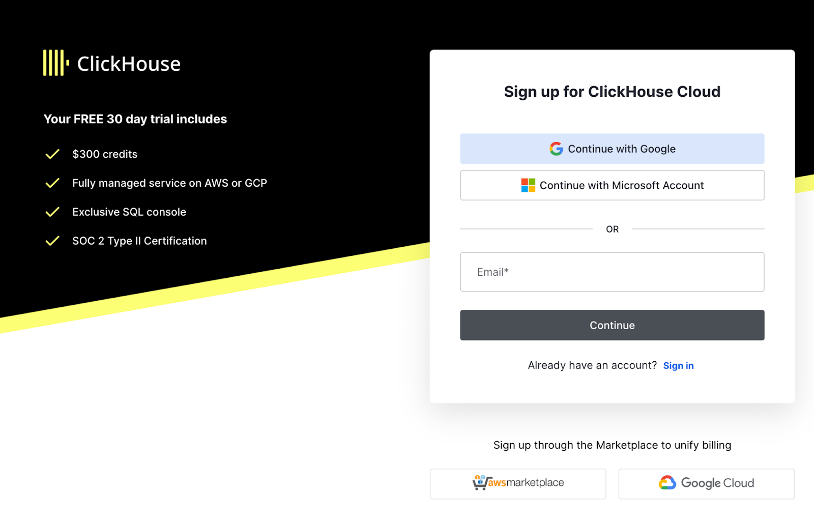 ClickHouse Cloud sign up page